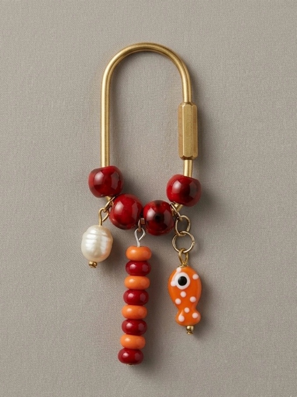 Viral Carabiner Beaded Bag Charm Keychain with Fish & Faux Pearl Charms